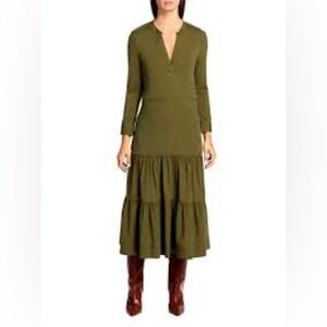 Veronica Beard Peralta Dress Laurel Olive Green Tiered Midi Small $428
